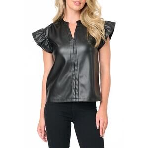 NEW DOLCE CABO vegan leather ruffle sleeve top in black